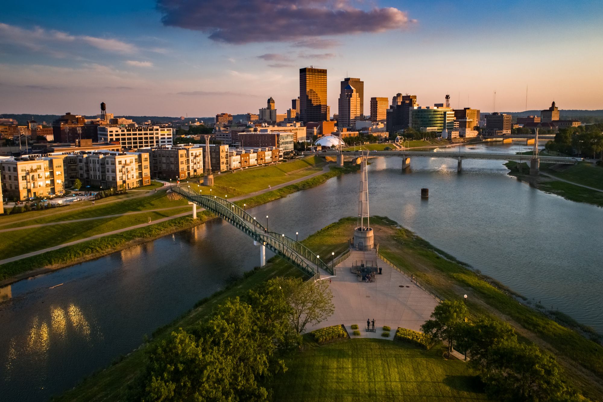Downtown Dayton at sunset, seen from Deeds Point where the Great Miami and Stillwater rivers meet